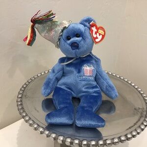 💙 TY “September” Birthday Bear — Blue Plush w/ Silver Hat & Pink Gift • Tags +